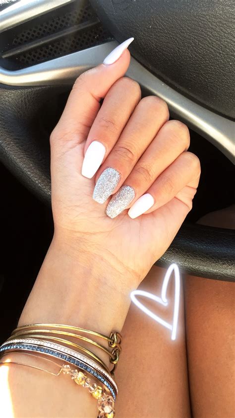 White And Glitter Coffin Dip Powder Acrylic Nails Dipped Nails White