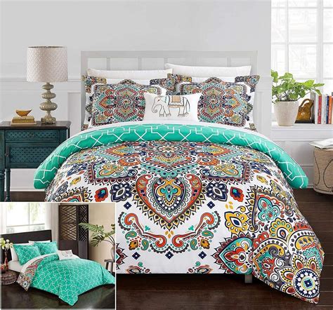 Chic 8 Piece Reversible Boho Contemporary Geometric Patterned Queen Bed