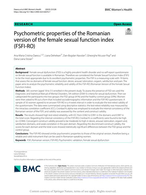 Pdf Psychometric Properties Of The Romanian Version Of The Female Sexual Function Index Fsfi Ro