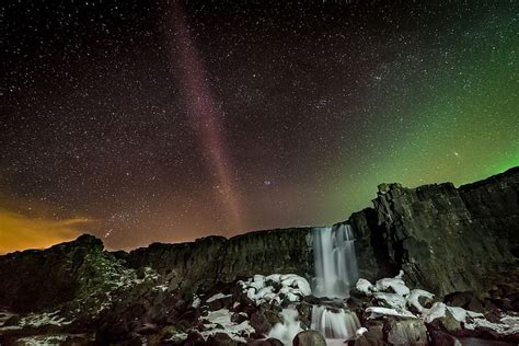 Hd Wallpaper Iceland öxarárfoss Northern Lights Stars Winter