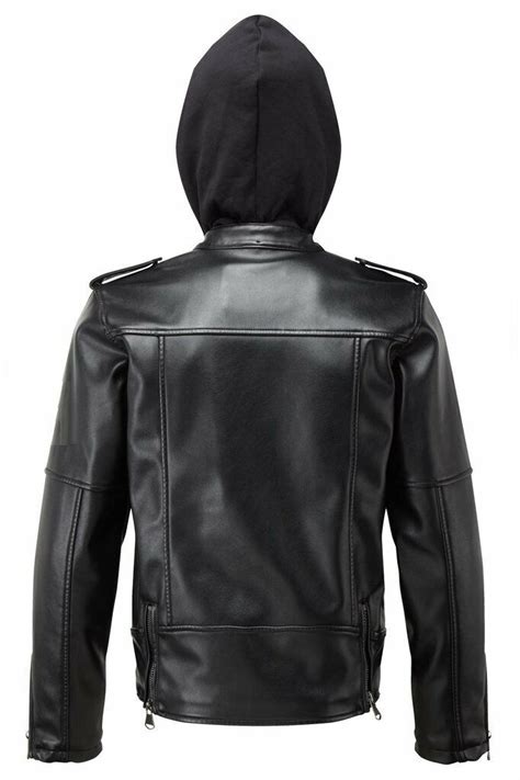 Mens Motorcycle Brando Style Biker Black Real Leather Hoodie Jacket