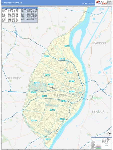 St Louis City County Mo Zip Code Wall Map Basic Style By Marketmaps