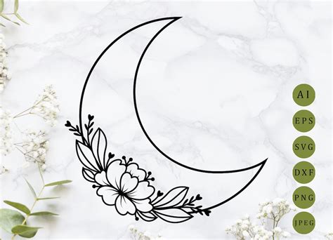 Floral Moon Svg Bohemian Moon Svg Crescent Moon With Flowers Etsy