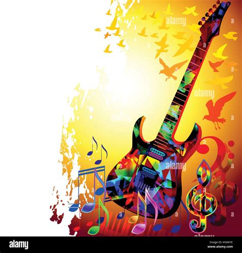Colorful Music Background With Electric Guitar Music Notes And Flying