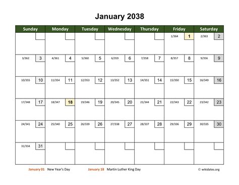 Monthly 2038 Calendar With Day Numbers