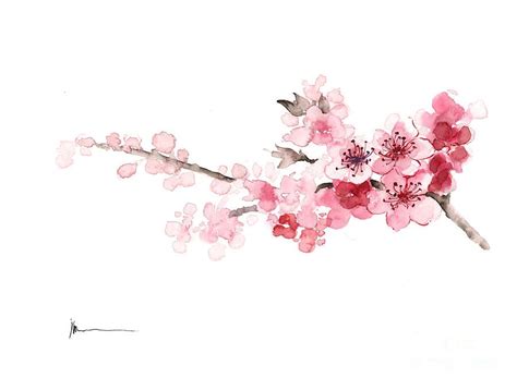 Cherry Blossom Painting Pink Tree Blooming Branch Watercolor Card