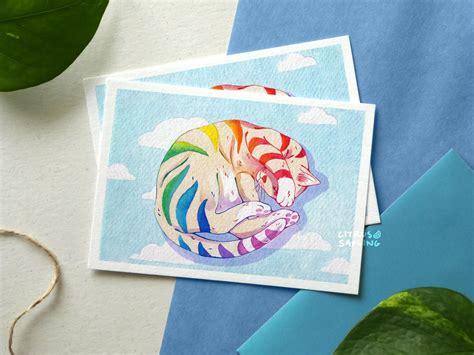 Rainbow Tabby Cat Postcard A6 Illustrated Small Art Print Etsy Uk