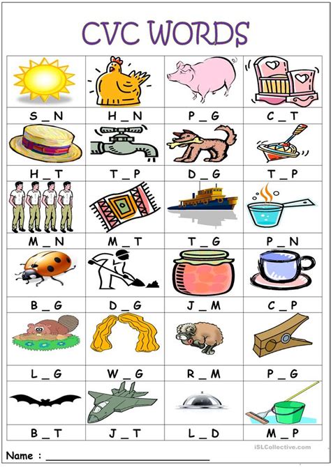 There are a good variety of words in the families that have familiar picture clues (like cat, van, cap, etc). CVC words- medial sounds worksheet - Free ESL printable worksheets made by teachers