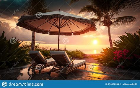 Tropical Sunset Scenery Two Sun Beds Loungers Umbrella Under Palm