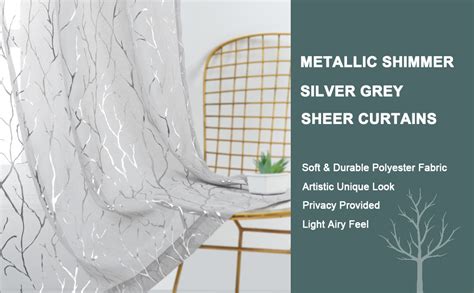 Kotile Grey Voile Curtains 54 Inch Drop Eyelet Metallic Silver Tree