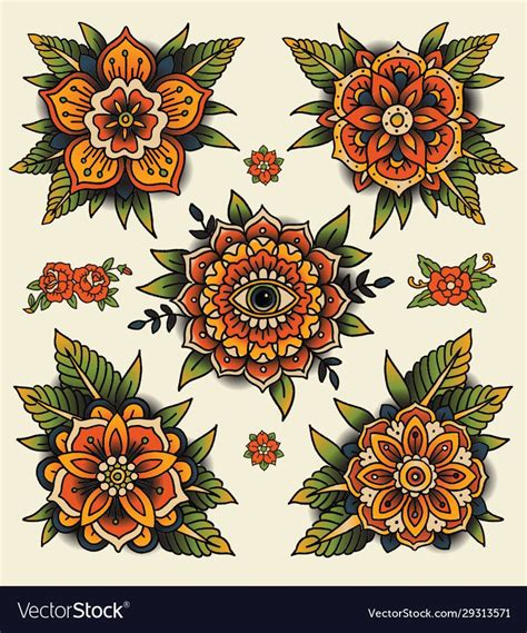 Traditional Decorative Tattoo Flowers Set Of Isolated Vector