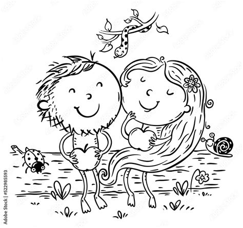 Line Drawing Of Adam And Eve With Apples In Paradise Bible Story Scene