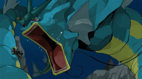 Safebooru 1other Diving Giant Gyarados Highres Open Mouth Oxygen Tank