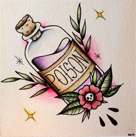 Original Poison Bottle Tattoo Flash Done With Watercolor On Watercolor