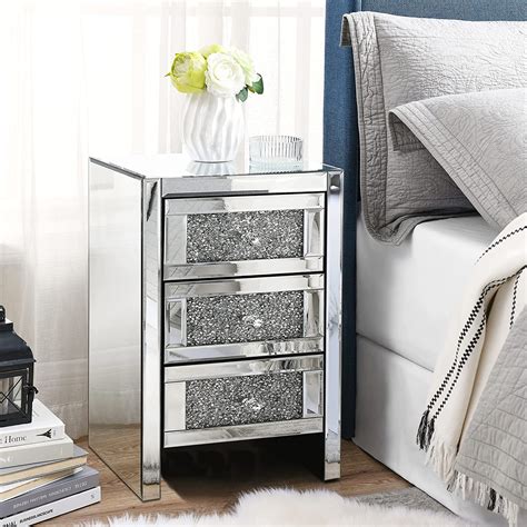 Alohappy Mirrored Nightstand With 3 Drawers Mirror End Table Silver Bedside Table