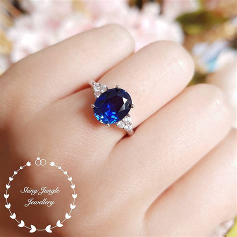 Genuine Lab Grown Royal Blue Oval Sapphire Engagement Ring 3 Etsy