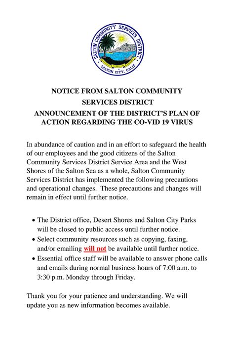 Salton Community Services District Covid 19 Plan Of Action Salton