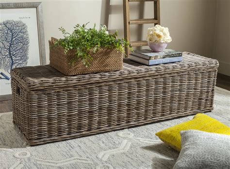 Caius Wicker Bench With Storage In Grey By Safavieh