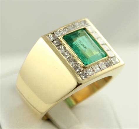 Mens 18k Yellow Gold 330ct Colombian Emerald Diamond Square Ring Sz 11