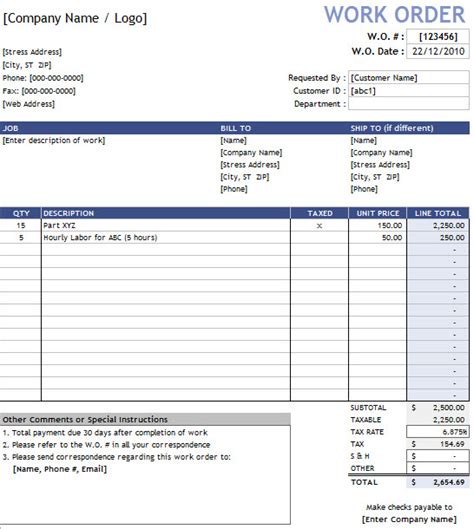 Excel Work Order Template Template Business