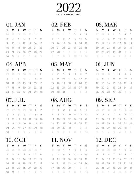 2022 Yearly Calendar Template Printable