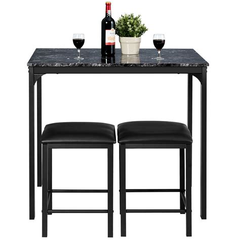 Costway 3 Piece Counter Height Dining Set Faux Marble Table 2 Chairs For Kitchen Bar Black
