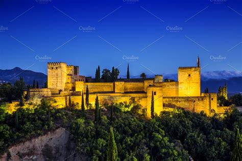 Alhambra At Night Granada Spain High Quality Architecture Stock