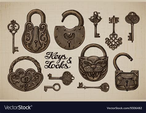 Vintage Keys And Locks Hand Drawn Collection Vector Image