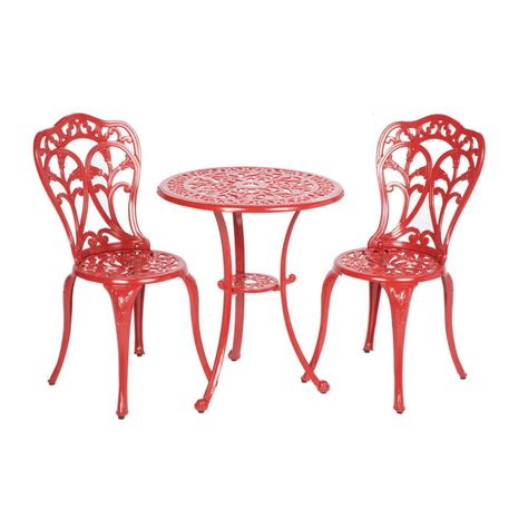 It has two chairs and a table with an oval tabletop. Alfresco 3-Piece Triora Lipstick Red Cast Aluminum Bistro ...