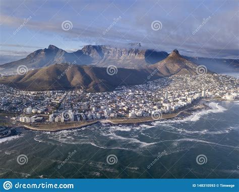 Aerial View Over Cape Town South Africa With Table Mountain Stock
