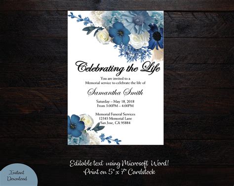Blue Flowers Floral Funeral Announcement Celebration Of Life