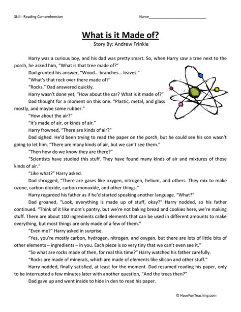 Fourth Grade Reading Comprehension Worksheet What Is It Made Of