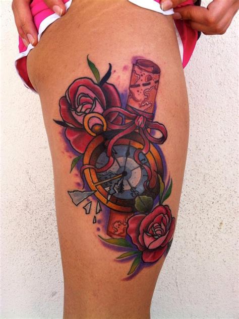 Traditional Color Compass With Rose And Map Tattoo Mike Riedl Art