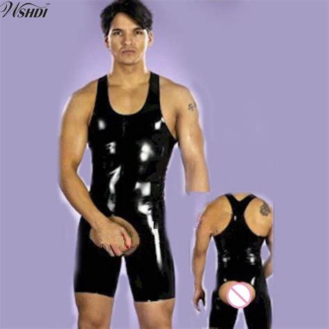 male pu leather catsuit black stretch pvc latex bodysuits men sexy bodycon open crotch zipper