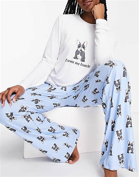 Loungeable Frenchie Dog Long Pyjama Set In Blue Asos