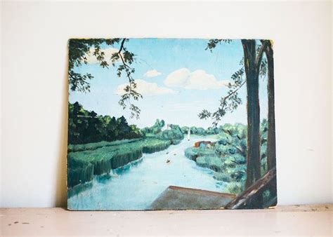 Original Vintage Oil Painting On Board Landscape River Scene With