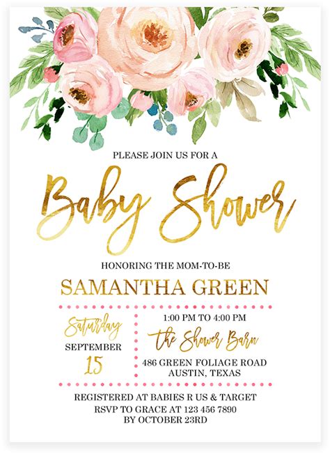 Pink And Gold Floral Baby Shower Invitation Printable Flower Pink And