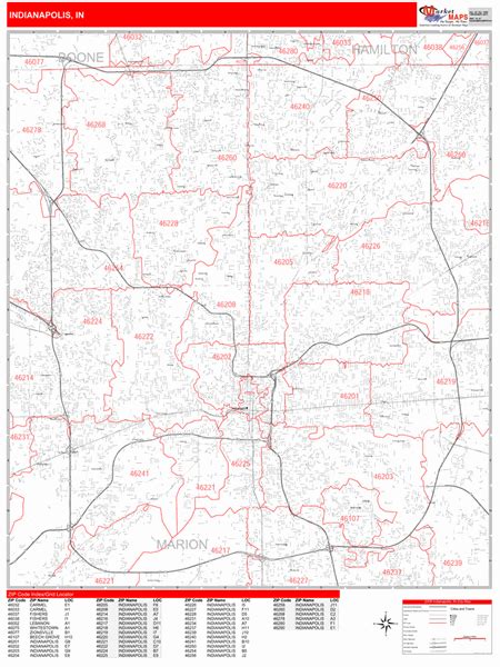 Indianapolis Indiana Zip Code Wall Map Basic Style By