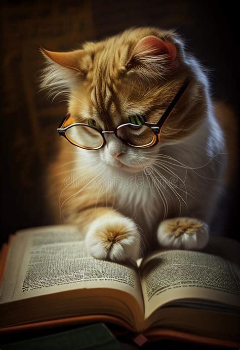 Cute Cat With Glasses Reading A Book Ai Genarated Stock Image Image