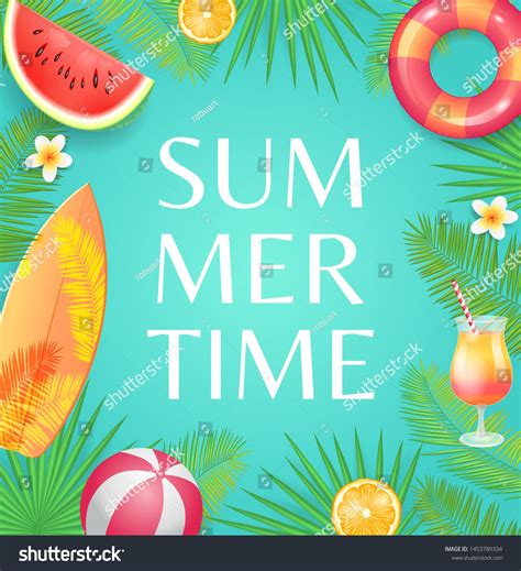Summer Time Poster With Watermelon Oranges And Life Preserver On Blue