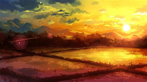 🥇 Sunset Paintings Mountains Landscapes Fields Fantasy Art Wallpaper