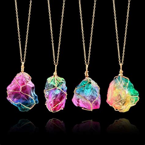 Rainbow Stone Pendant Necklace Fashion Crystal Chakra Rock Necklace Gold Color Chain Quartz