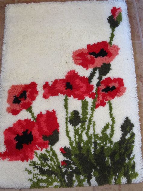 Vintage Completed Finished Red Pink Poppy Flowers Shag Latch Etsy