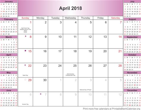 April 2018 Calendar With Holidays Printable Blank