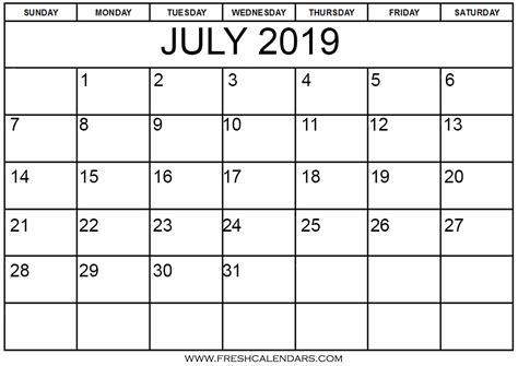 Calendar Printable July 2019 Word Printable Calendar