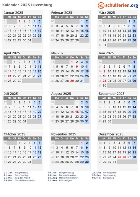 Kalender Luxemburg 2025 Mit Feiertage