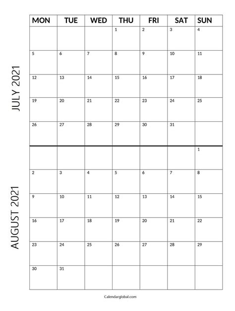 Free Printable July August 2021 Calendar Calendarglobal In 2021