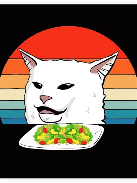 Retro Confused Cat At Dinner Table Meme Poster