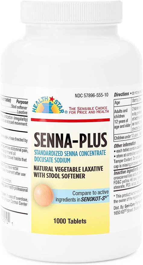Healthstar Senna Plus Laxative Tablets 50 Mg 8 6 Mg Strength Docusate Sodium