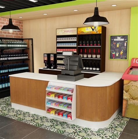 Supermarket Arc Corner Cashier Checkout Counter With Small Shelf